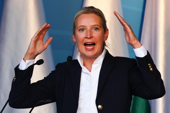 epa11571908 German right-wing Alternative for Germany (AfD) co-chairwoman Alice Weidel speaks during a final election campaign rally of AfD party, in Dresden, Germany, 29 August 2024. Saxony state ele ...