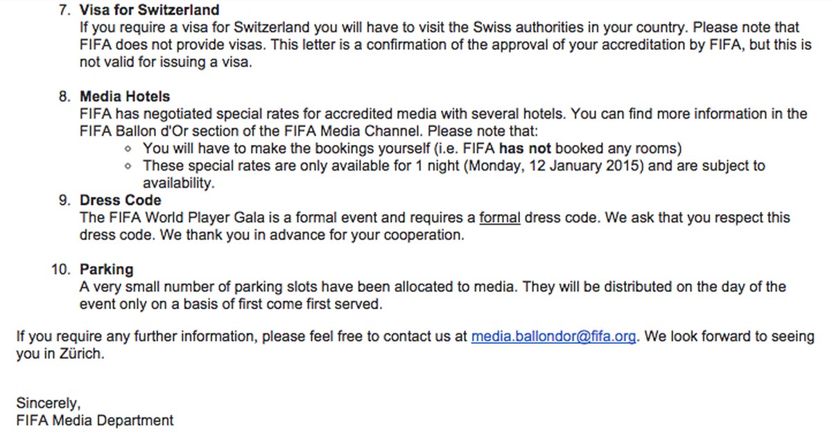 Unschwer zu erkennen: Unter Punkt 9 gibt die FIFA für die Medienschaffenden einen Dress-Code vor.