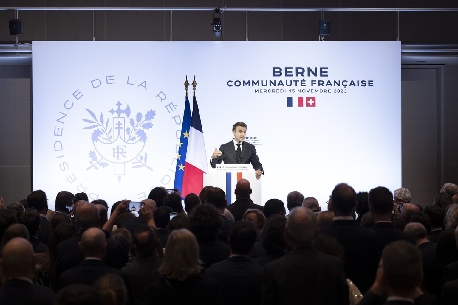 French President Emmanuel Macron, speaks during a meeting with the French community of Switzerland at the Zentrum Paul Klee Museum in Bern, Switzerland, Wednesday, November 15, 2023. French President  ...