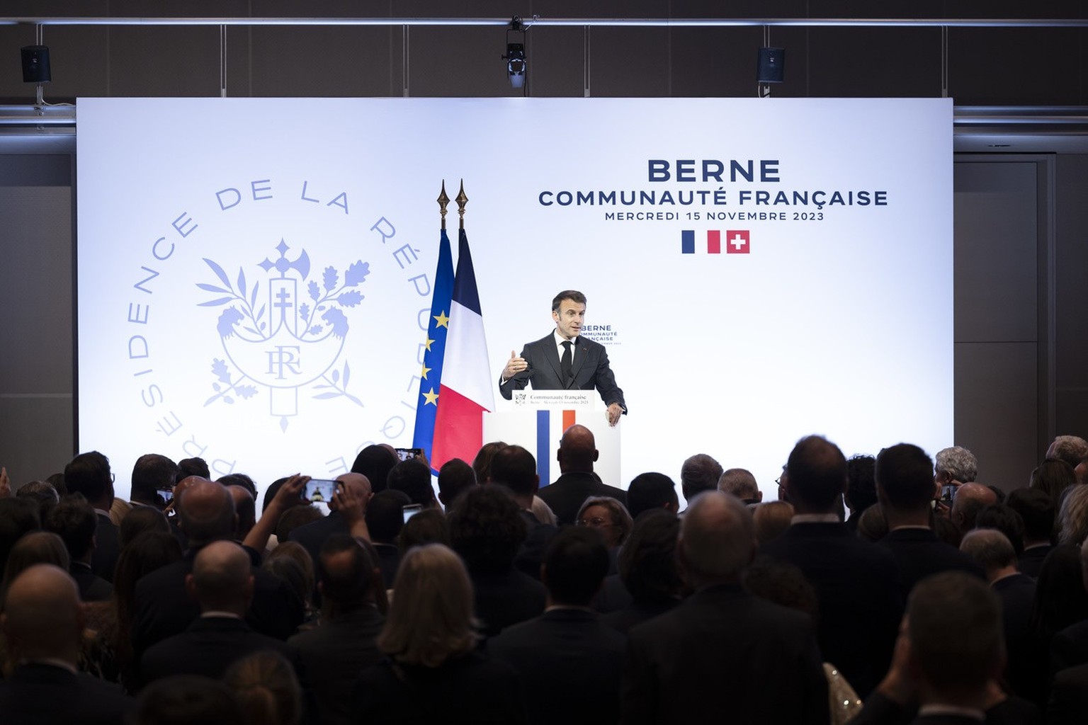 French President Emmanuel Macron speaks during a meeting with Switzerland's French community at the Zentrum Paul Klee Museum in Bern, Switzerland, Wednesday, November 15, 2023. French President…