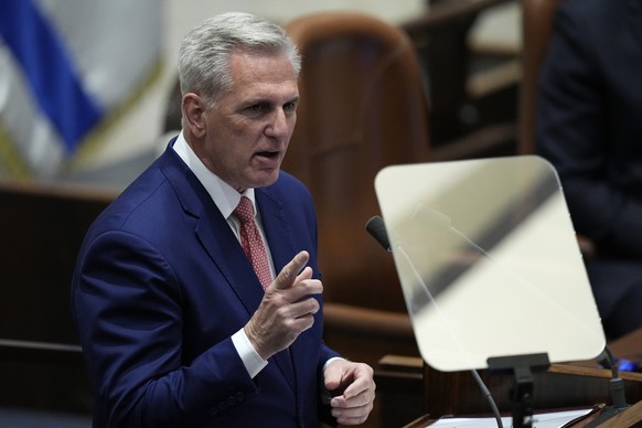 US Speaker of the House Kevin McCarthy addresses lawmakers during a session of the Knesset, Israel's parliament, in Jerusalem, Monday, May 1, 2023. (AP Photo/Ohad Zwigenberg)