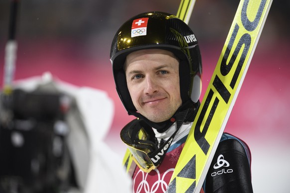 Simon Ammann of Switzerland reacts during the Ski Jumping Men Individual Large Hill Qualifications in the Alpensia Biathlon Center during the XXIII Winter Olympics 2018 in Pyeongchang, South Korea, on ...