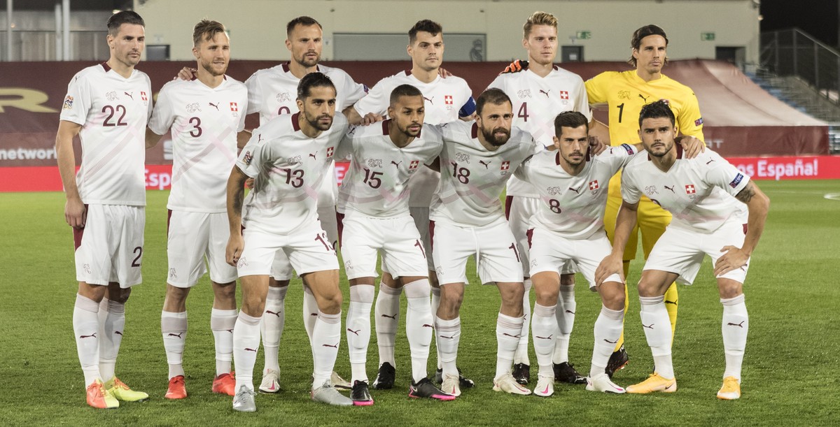epa08734780 The Swiss team, top from left: Ricardo Rodriguez, Silvan Widmer, Haris Seferovic, Granit Xhaka, Nico Elvedi and goalkeeper Yann Sommer, and bottom from left, Ricardo Rodriguez, Djibril Sow ...