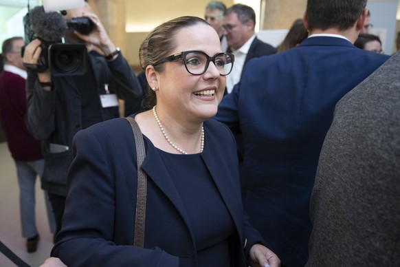 Martina Bircher, SVP nach der Wahl in den Aargauer Regierungsrat, fotografiert am Sonntag, 20. Oktober 2024 in Aarau. (KEYSTONE/Christian Beutler)