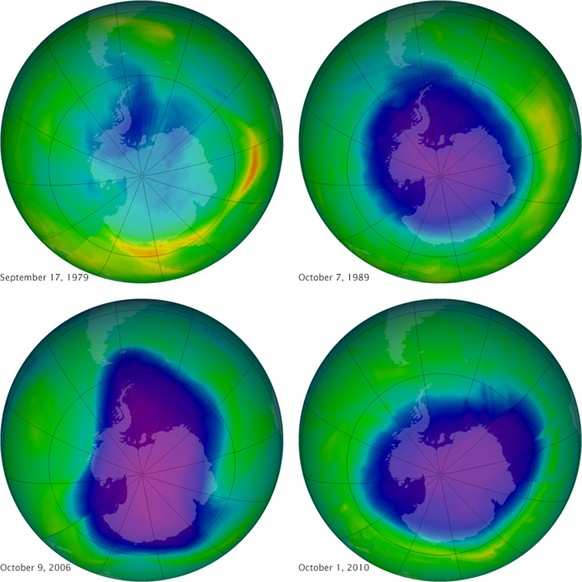 Das Ozonloch wächst nicht mehr und dürfte sich allmählich sogar zurückbilden: Die klaffende Lücke in der Ozonschicht über der Antarktis in den Jahren 1979, 1989, 2006 und 2010.&nbsp;