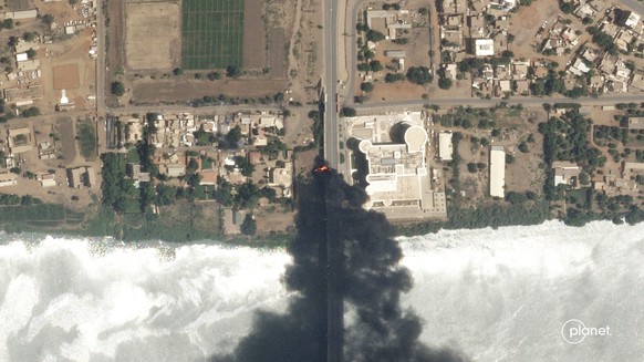 This satellite image from Planet Labs PBC shows fires near a hospital in Khartoum, Sudan, Sunday, April 16, 2023. The Sudanese military and a powerful paramilitary group battle for control of the…
