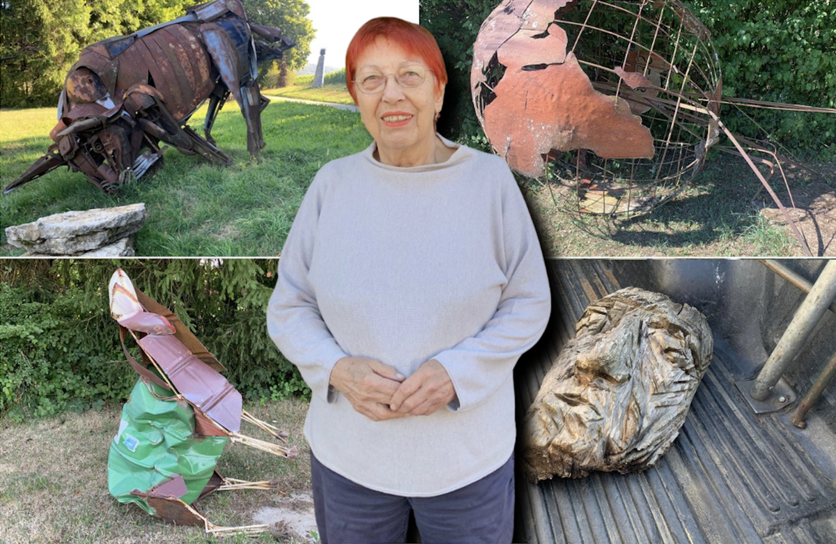 L'artiste jurassienne Liuba Kirova et quatre des sculptures vandalisées.