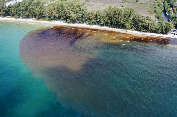 epa09715755 A handout photo made available by the Royal Thai Navy shows a crude oil spill leaked from an underwater pipeline, reaching ashore at Mae Ram Phueng beach in Rayong province, Thailand, 29 J ...