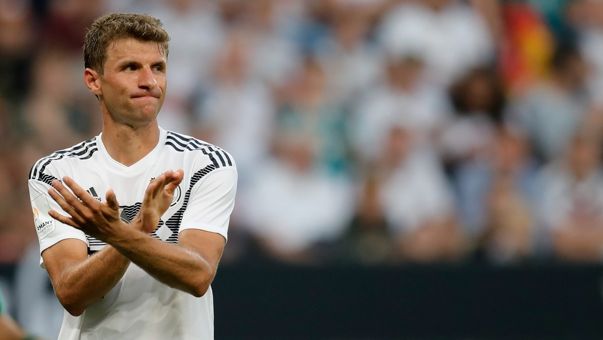 epa06795070 Germany's Thomas Mueller reacts during the international friendly soccer match between Germany and Saudi Arabia in Leverkusen, Germany, 08 June 2018. EPA/RONALD WITTEK