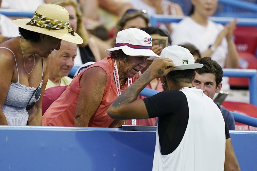 Nick Kyrgios, of Australia, talks to spectators after reaching match point against Marcos Giron, of the United States, at the Citi Open tennis tournament in Washington, Tuesday, Aug. 2, 2022. (AP Phot ...