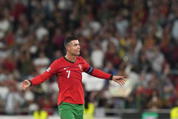 Portugal&#039;s Cristiano Ronaldo celebrates after the UEFA Nations League soccer match between Portugal and Scotland at the Luz stadium in Lisbon, Portugal, Sunday, Sept. 8, 2024. (AP Photo/Armando F ...