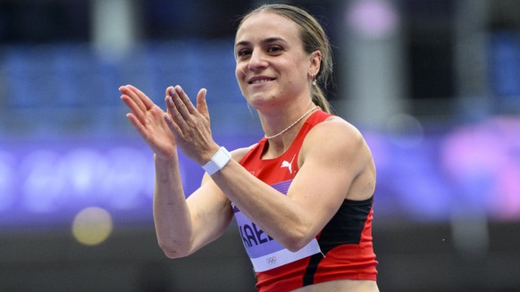 Annik Kaelin of Switzerland reacts during the women&#039;s heptathlon high jump at the 2024 Paris Summer Olympics in Paris, France, Thursday, August 8, 2024. (KEYSTONE/Laurent Gillieron)