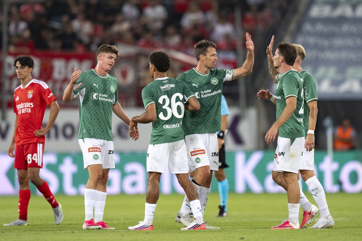 From left: St. Gallen's Diego Besio, St. Gallen's Chima Okoroji, St. Gallen's Lukas Goertler, St. Gallen's Hugo Vandermersch and St. Gallen's Lukas Daschner celebrate after th ...