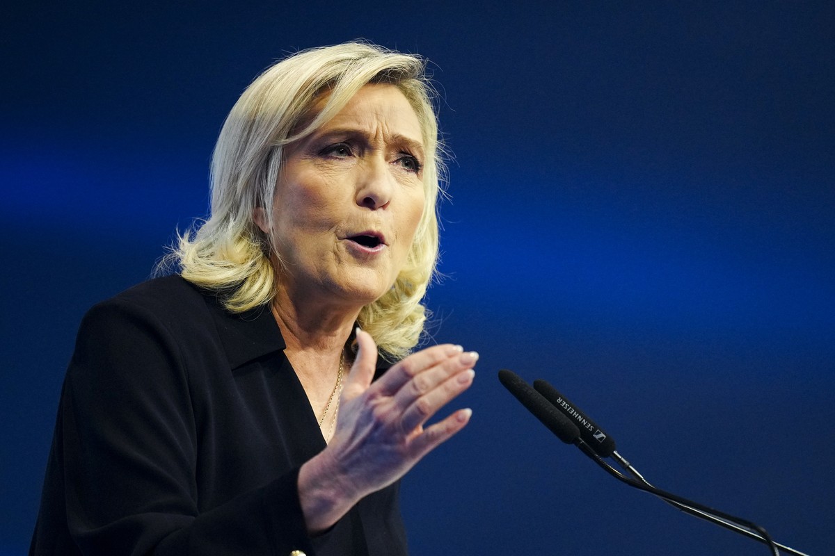 French far-right National Rally party leader Marine Le Pen delivers a speech at a meeting in Marseille, southern France, Sunday, March. 3, 2024. (AP Photo/Daniel Cole)