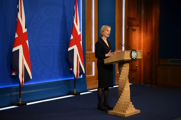 Britain&#039;s Prime Minister Liz Truss holds a press conference in the Downing Street Briefing Room in central London, Friday Oct. 14, 2022. Embattled British Prime Minister sacked her Treasury chief ...
