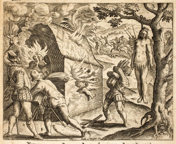 Hängen, Verbrennen und Verfolgung von Indios durch die Spanier, Illustration von Bartolomé de las Casas, 1552.