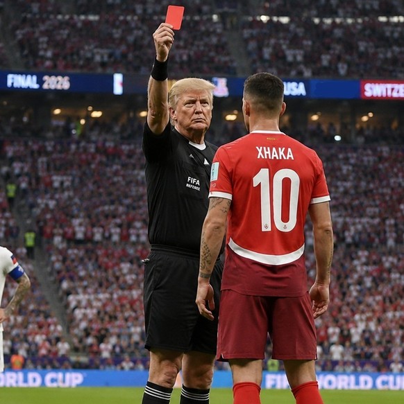 Nach dem Handschlag der Captains wird Granit Xhaka des Feldes verwiesen. Schiedsrichter Donald Trump (Infantino: «Das wichtigste Spiel der Welt muss der kompetenteste Unparteiische der Welt leiten, da ...