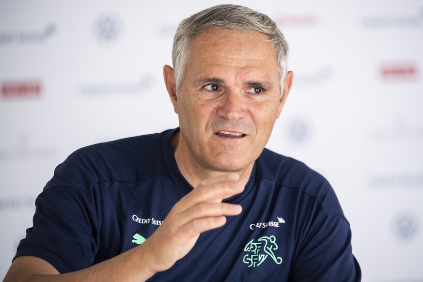 Switzerland&#039;s national soccer teams director Pierluigi Tami speaks to journalists after a training session prior to the UEFA EURO 2020 soccer tournament at the Dalga Arena, in Baku, Azerbaijan, T ...