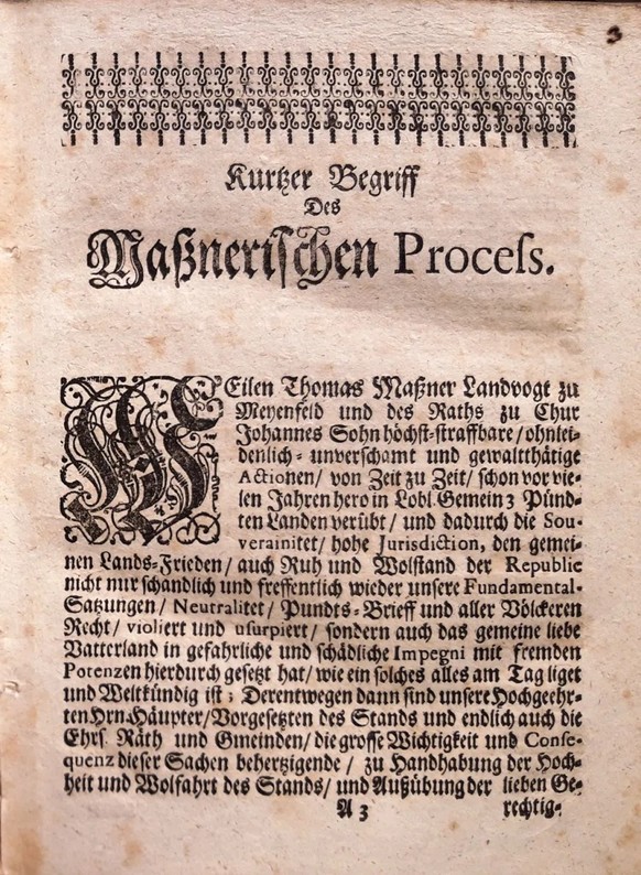 Anklageschrift gegen Thomas Massner, 1711. Massner wird unter anderem vorgeworfen, dass er «Ruh und Wolstand der Republic nicht nur schandlich und streffentlich wieder unsere Fundamental-Satzungen / N ...