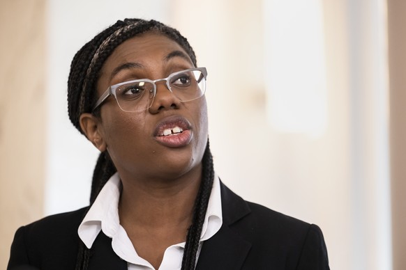 Kemi Badenoch, Secretary of State for Business and Trade, President of the Board of Trade and Minister for Women and Equalities of the United Kingdom UK, speaks to the media during her work visit, in  ...