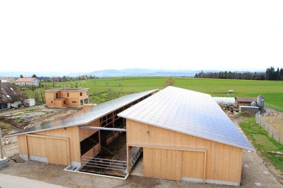 Der mit Solarzellen gedeckte neue Stall des Biohofs Schüpfenried.
