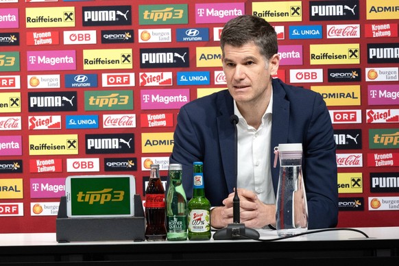 03.03.2023, Raiffeisen Arena, Linz, AUT, Pressekonferenz ÖFB und Raiffeisen, während einer Pressekonferenz des ÖVP und Raiffeisen vor den EM-Quali-Spielen am Freitag, 03. März 2023 in der Raiffeisen A ...