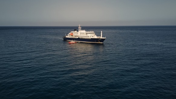 An aerial view of the MV Hondius Dutch cruise ship anchored in the Atlantic off Cape Verde, Tuesday, May 5, 2026. (AP Photo/Arilson Almeida)
South Africa Hantavirus