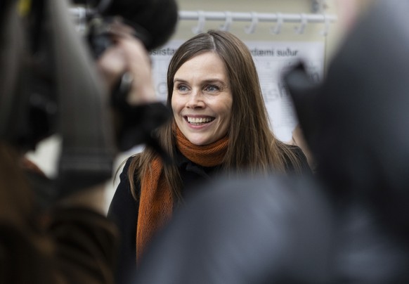 Iceland&#039;s Prime Minister Katrin Jakobsdottir speaks to the media after voting at a polling station in Reykjavik, Iceland, Saturday, Sept. 25, 2021. Icelanders are voting in a general election dom ...