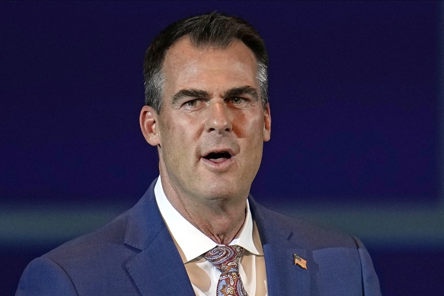FILE - Oklahoma Gov. Kevin Stitt addresses a campaign rally Nov. 1, 2022, in Oklahoma City. Phillip Hancock, 59, is scheduled to receive a three-drug lethal injection on Thursday, Nov. 30, 2023, at th ...