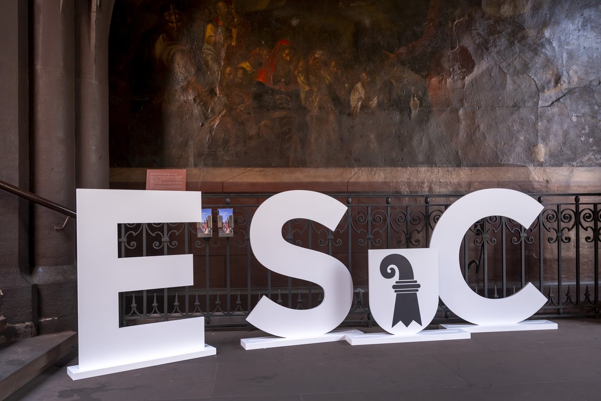 The letters ESC (Eurovision Song Contest) and a Basel emblem can be seen in the courtyard of Basel's town hall in Basel, on Friday, August 30, 2024. The ESC 2025 will be held in Basel. This was a ...