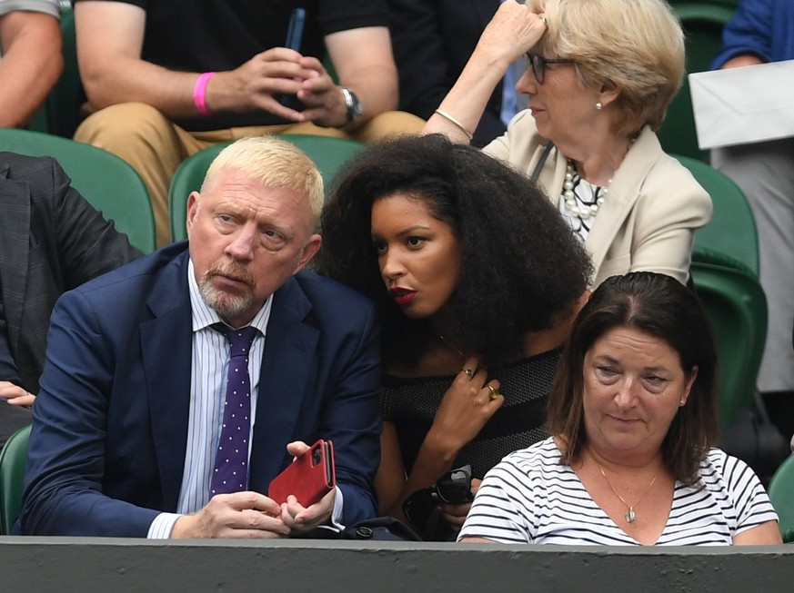 epa09308638 Former German tennis player Boris Becker (L) watches the 1st round match between Sloane Stephens of the USA and Petra Kvitova of the Czech Republic at the Wimbledon Championships, Wimbledo ...