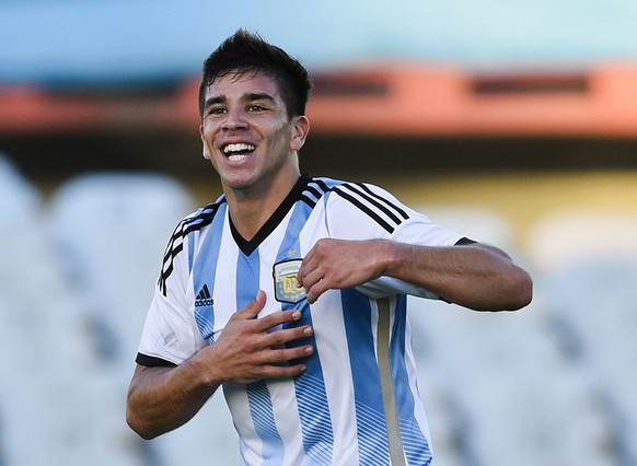 FILE - In this Feb. 4, 2015 file photo, Argentina's Giovanni Simeone celebrates after scoring a goal against Paraguay during a South America Under-20 soccer match in Montevideo, Uruguay. Though it wil ...
