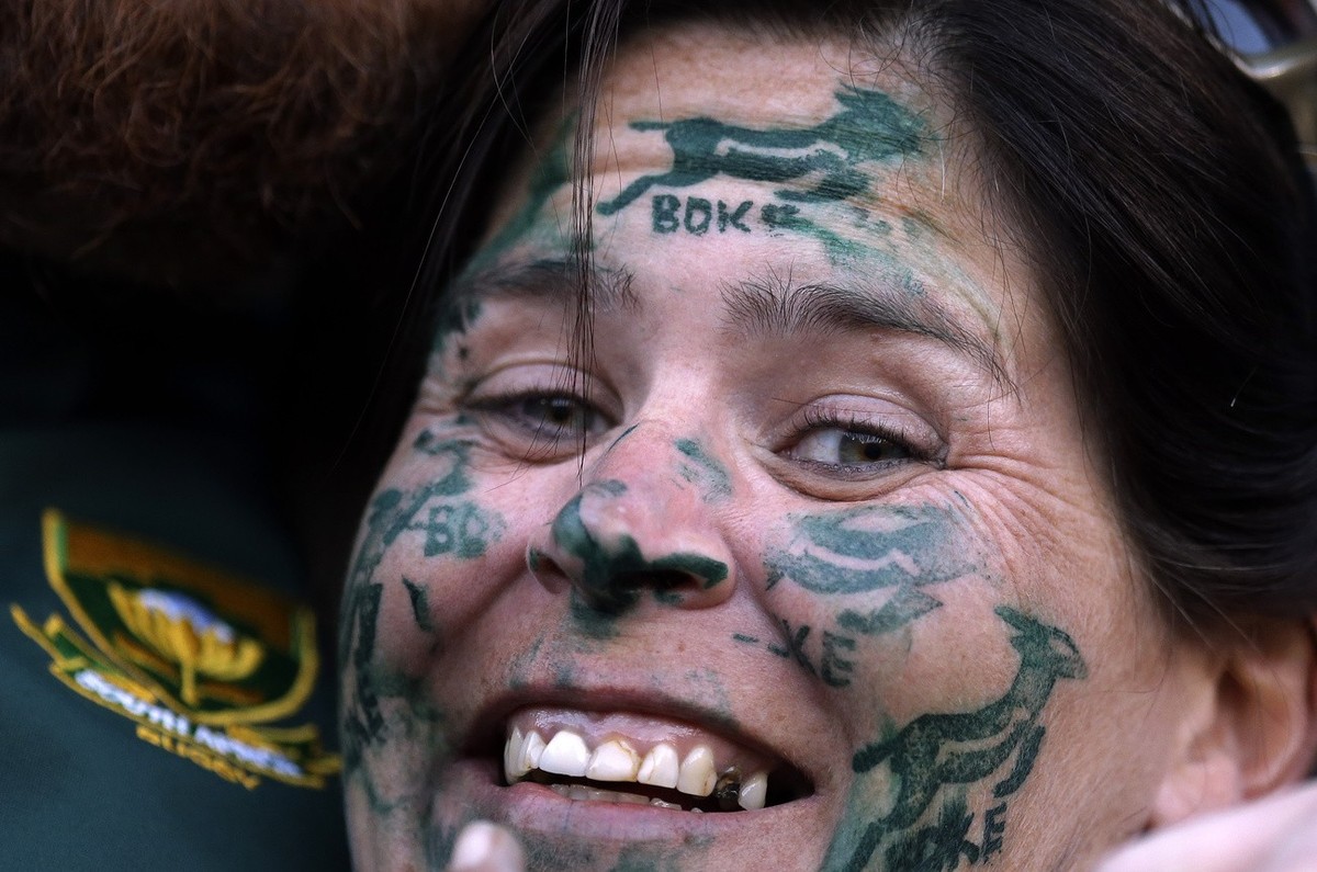 South Africa's rugby fan looks on during their Rugby Championship test match against New Zealand at Ellis Park stadium in Johannesburg, South Africa, Saturday, July 25, 2015. (AP Photo/Themba Had ...