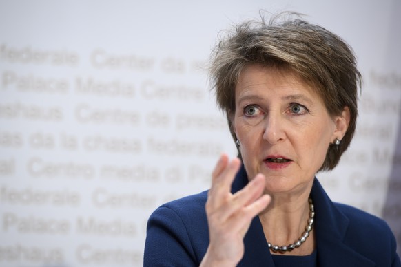 epa08298703 Swiss Federal president Simonetta Sommaruga briefs the media about the latest measures to fight the Covid-19 Coronavirus pandemic, in Bern, Switzerland, 16 March 2020. EPA/ANTHONY ANEX