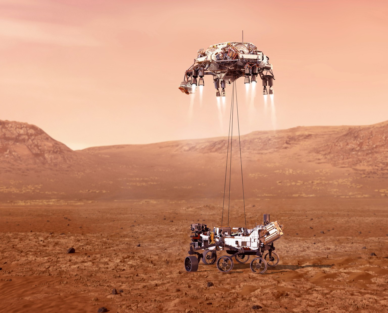 Läuft alles nach Plan, setzt die Landefähre den Mars-Rover am Donnerstag im Jezero-Krater ab. 
