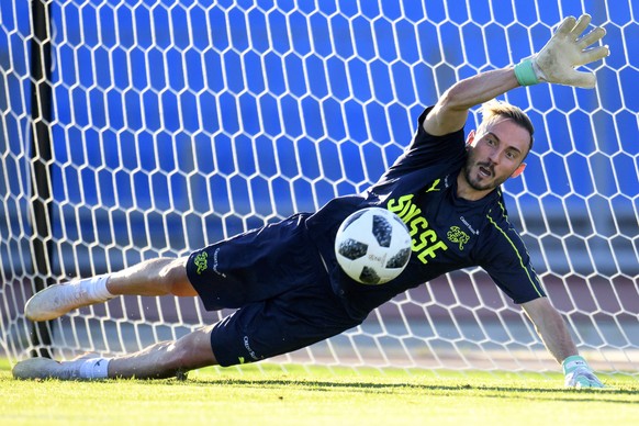 Switzerland&#039;s forward Josip Drmic plays as goalkeeper during a training session of the Switzerland&#039;s national soccer team at the Torpedo Stadium, in Togliatti, Russia, Thursday, June 28, 201 ...