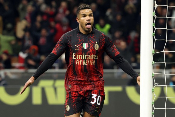 epa10493175 AC Milan&#039;s Junior Messias jubilates after scoring the 2-0 lead during the Italian Serie A soccer match between AC Milan and Atalanta at Giuseppe Meazza stadium in Milan, Italy, 26 Feb ...