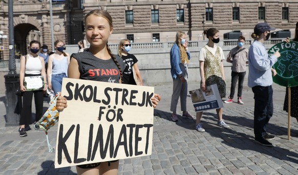 epaselect epa09316919 Swedish climate activist Greta Thunberg (front) and other climate protesters gather for a protest against climate change in front of the Swedish parliament building in Stockholm ...