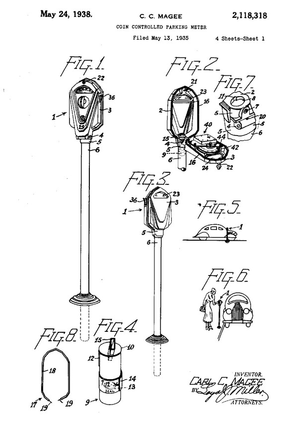 Schematische Darstellung der von Carlton Cole Magee zum Patent angemeldeten Parkuhr, 1935
https://patents.google.com/patent/US2118318A/en