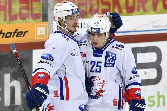 Zuerich&#039;s Fabrice Herzog, links, und Zuerich&#039;s Roger Karrer feiern ihren Treffer zum 2:0 im Eishockey National League A Spiel zwischen den SCL Tigers und den ZSC Lions, am Freitag, 23. Septe ...