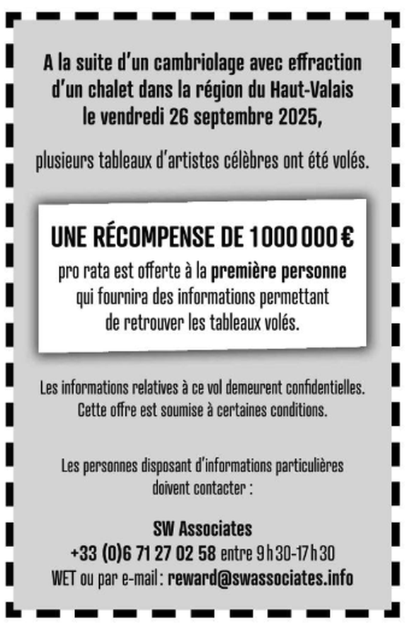 Anzeige Belohnung Kunstwerke Wallis