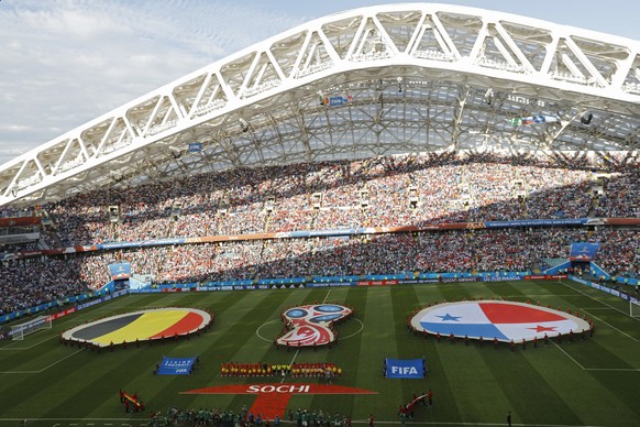 Panama, right, and Belgium teams listen to national anthems prior the group G match between Belgium and Panama at the 2018 soccer World Cup in the Fisht Stadium in Sochi, Russia, Monday, June 18, 2018 ...