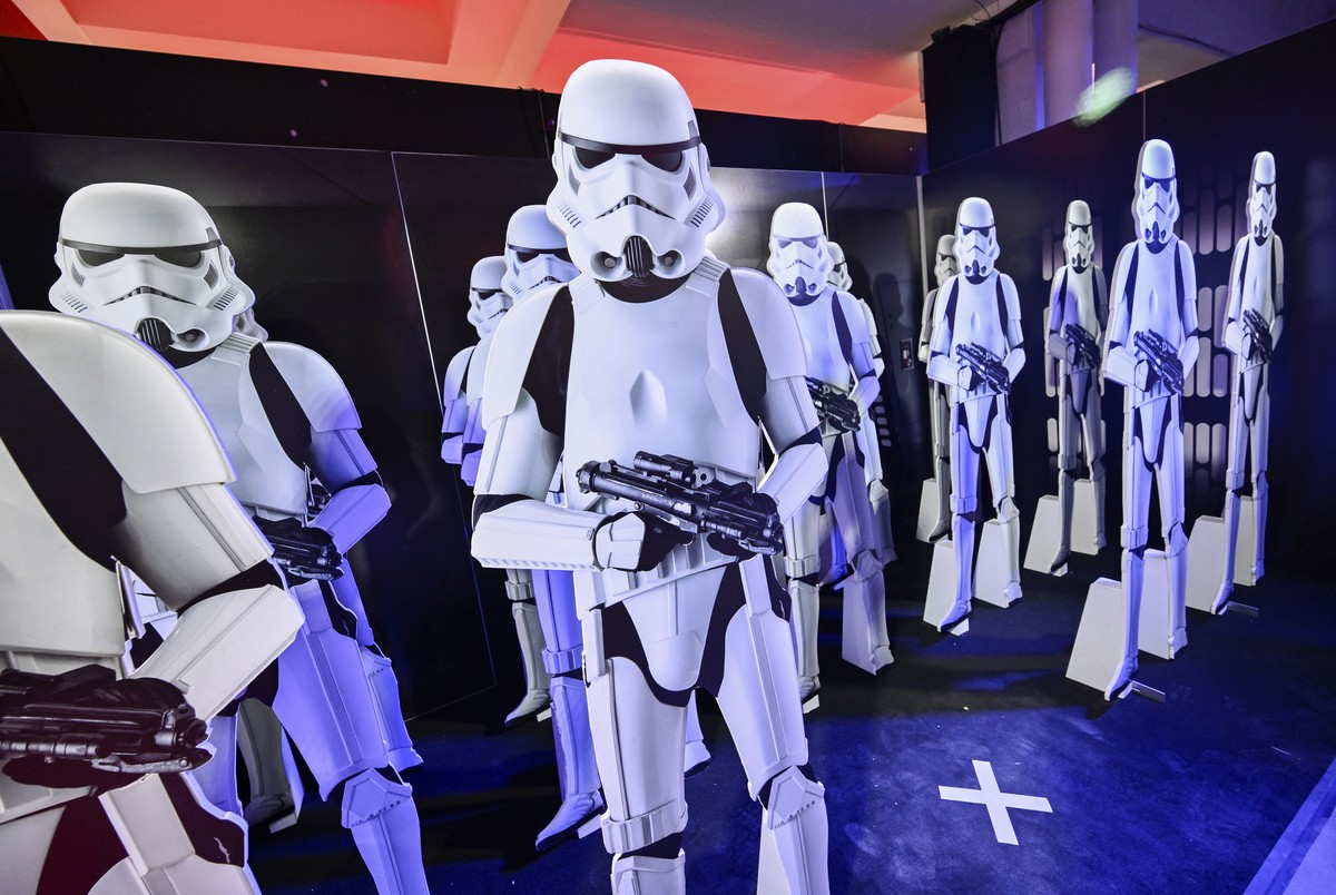 A Stormtrooper costumed character poses at the Hasbro and Amazon Star Wars interactive Imperial March experience at the Empire State Building on Thursday, March 21, 2024, in New York. (Photo by Evan A ...