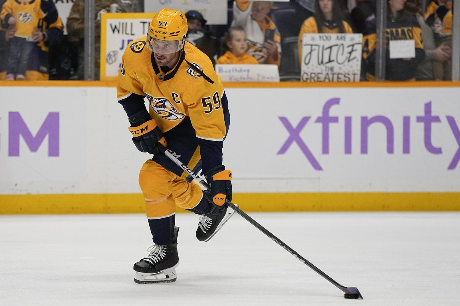 Nashville Predators defenseman Roman Josi (59) warms up before an NHL hockey game against the Chicago Blackhawks, Saturday, Nov. 18, 2023, in Nashville, Tenn. (AP Photo/George Walker IV)