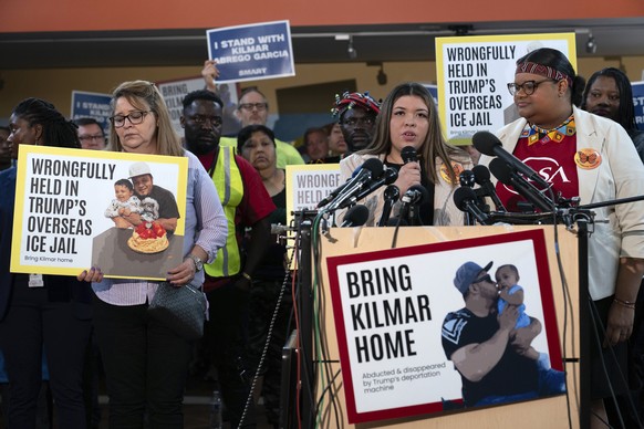 Jennifer Vasquez Sura, the wife of Kilmar Abrego Garcia of Maryland, who was mistakenly deported to El Salvador, speaks during a news conference at CASA&#039;s Multicultural Center in Hyattsville, Md. ...