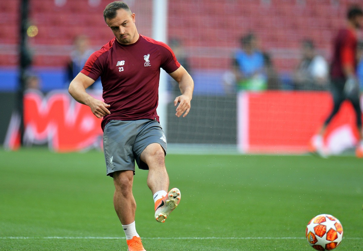 epa07615660 Liverpool's Xherdan Shaqiri performs during his team's training session at the Wanda Metropolitano stadium in Madrid, Spain, 31 May 2019. Liverpool FC will face Tottenham Hotspur ...