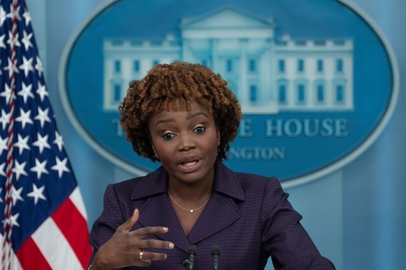 epa10107583 White House Press Secretary Karine Jean-Pierre holds a news briefing at the White House, in Washington, DC, USA, 05 August 2022. EPA/CHRIS KLEPONIS / POOL