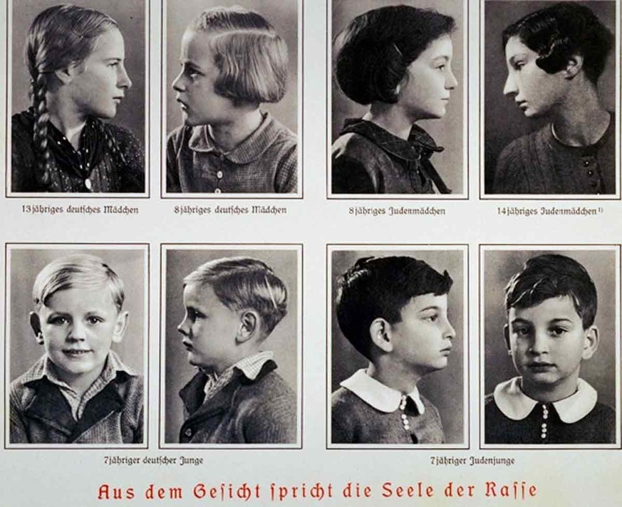 «Aus dem Gesicht spricht die Seele der Rasse»: Aus dem Lehrbuch von Alfred Vogel, «Erblehre, Abstammungs- und Rassenkunde in bildlicher Darstellung», 1938.