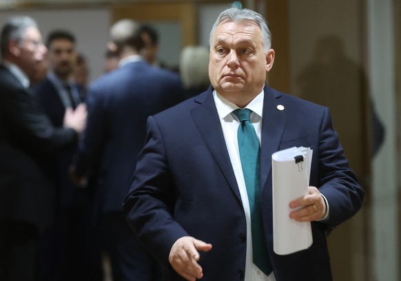 epa11117660 Hungarian Prime Minister Viktor Orban at the start of a special European Council in Brussels, Belgium, February 1, 2024. EU leaders meet in Brussels to discuss the mid-term review of the law...