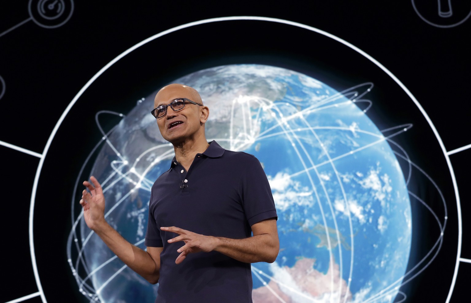 Microsoft CEO Satya Nadella delivers the keynote address at Build, the company&#039;s annual conference for software developers, Monday, May 6, 2019, in Seattle. (AP Photo/Elaine Thompson)